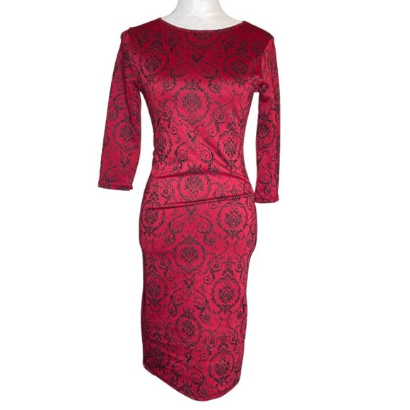 Rhapsodielle Womens Floral Evening Dress Size Small Midi Length Artsy Red Black - Picture 1 of 6